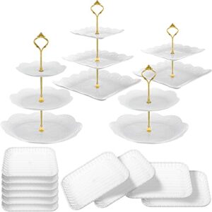 14 pieces tiered cupcake stand set gold 2-tier 3-tier serving stand tower tray with round rectangle food serving trays long slim dessert stand for party baby shower wedding (white lace style)
