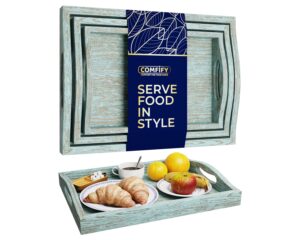 serving trays set of 3 - ottoman wood trays for entertainment, food and décor - rustic farmhouse distressed wood finish - rustic blue