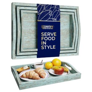 Serving Trays Set of 3 - Ottoman Wood Trays for Entertainment, Food and Décor - Rustic Farmhouse Distressed Wood Finish - Rustic Blue