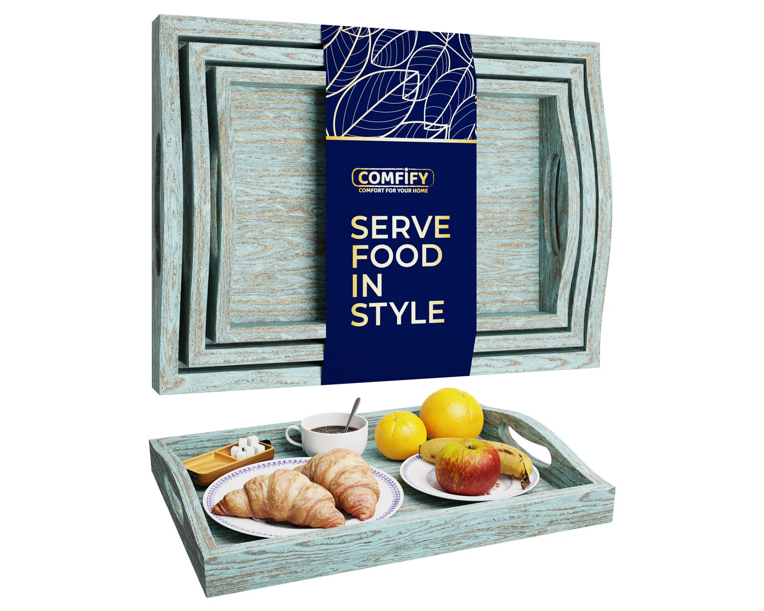 Serving Trays Set of 3 - Ottoman Wood Trays for Entertainment, Food and Décor - Rustic Farmhouse Distressed Wood Finish - Rustic Blue