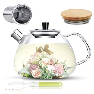 corkas glass teapot - glass tea kettle with removable infuser & spout filter, cleaning brush, 1500ml stovetop safe tea kettle with stainless steel & bamboo lid for loose leaf tea and flowering teas