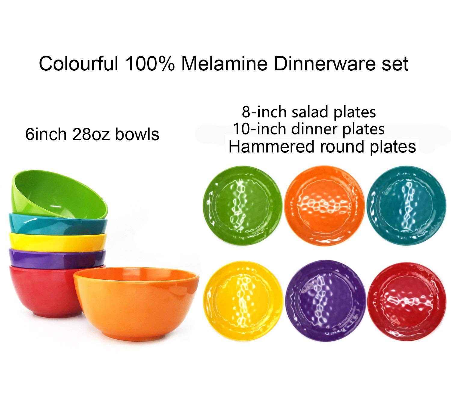 KX-WARE Melamine Plates set -10inch 6pcs 100% Melamine Dinner Plates for Everyday Use, Break-resistant and Lightweight, MultiColor