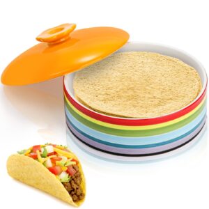 lyellfe ceramic tortilla warmer, 8.5 inch colorful tortilla server keeper container with lid, hold up to 12 tortillas, great for taco tuesday night, mexican party, microwave and oven safe