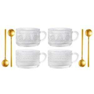 kickmove 4 pack 14oz glass coffee mugs with spoons, clear embossed vintage cups for latte,cappuccino,tea.thanksgiving,christmas,valentine,mother and father's day gift for family and friends
