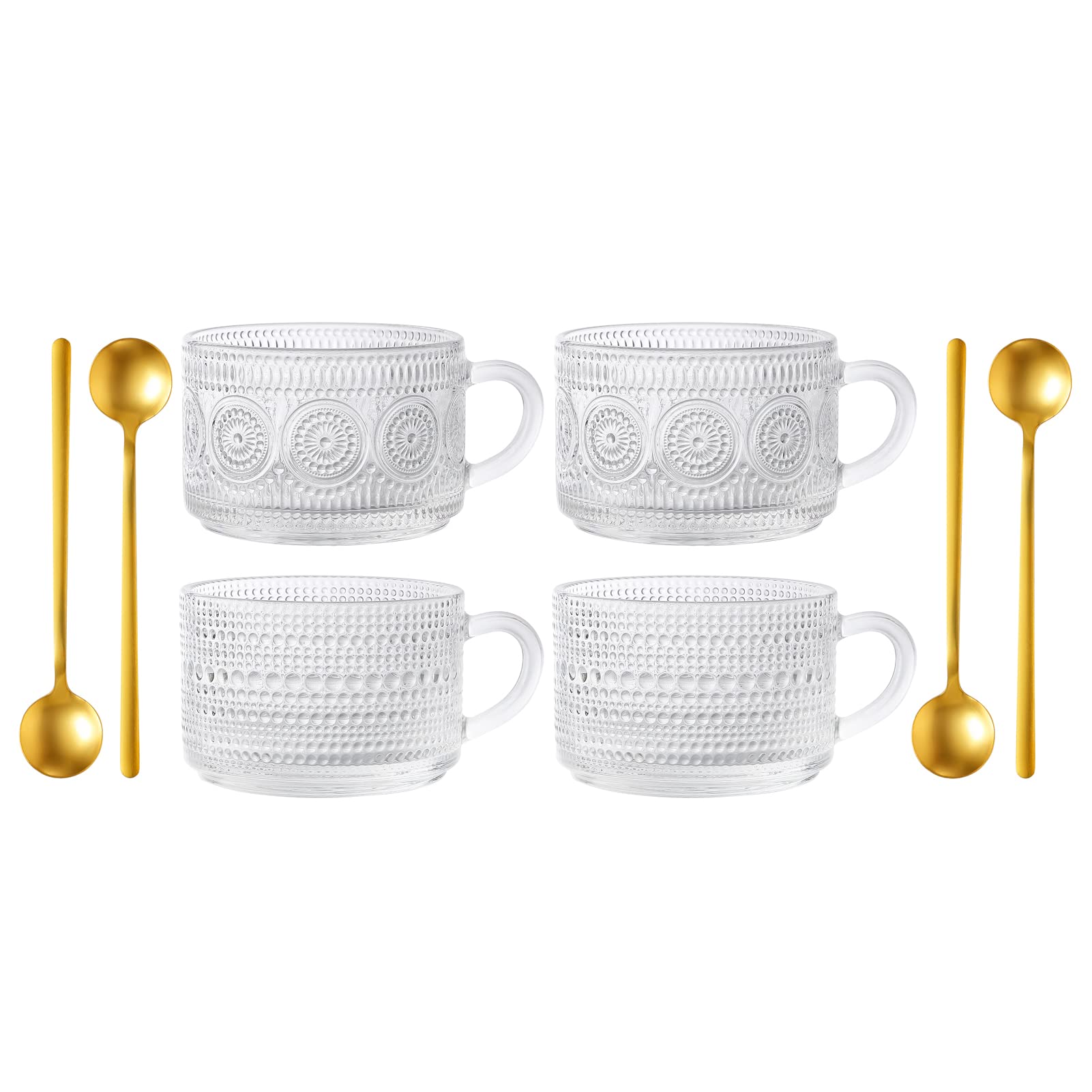 kickmove 4 Pack 14oz Glass Coffee Mugs with Spoons, Clear Embossed Vintage Cups for Latte,Cappuccino,Tea.Thanksgiving,Christmas,Valentine,Mother and Father's Day Gift for Family and Friends