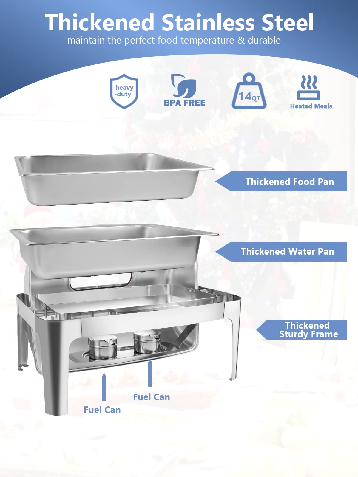 Granvell Rectangular Roll Top Chafing Dish Buffet Set, Catering Food Warmer for Parties, Wedding, Birthday, Christmas, 1 Full Size & 2 Half-Size Chafing Server Dish, 14QT Water Pan