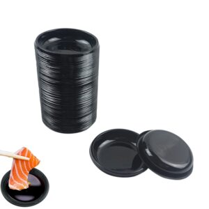 100 pcs mini 3.11"x3.11" dipping sauce dishes, plastic disposable round black soy sauce plate set, condiment serving tray, seasoning platter, appetizer bowel -for sushi mustard vinegar soy bbq ketchup