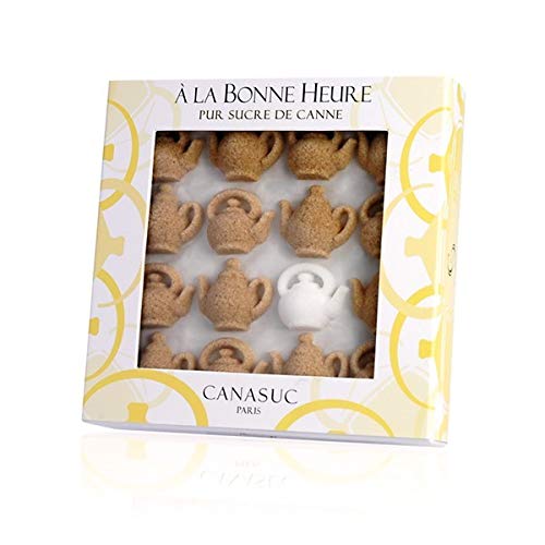 Canasuc Paris, A La Bonne Heure, Pur Sucre de Canne,"Window Gift Box" of 32 Assorted French Molded Teapot Sugar Pieces, White & Amber, 3.35 Oz