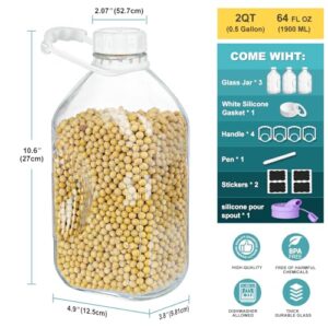 3 Pack 64 Oz Heavy Duty Glass Milk Bottle with Pour Spout and Reusable Airtight SCREW LID, 2 Qt Glass Water Bottle with 2 Exact Scale Lines - Glass Milk Jug Pitcher