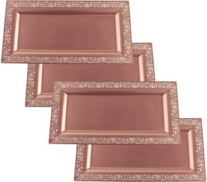 4 (pk) yumchikel 14" x 7.5" rose gold lace rim plastic serving trays & platters | heavy duty disposable decorative dessert tray - party platters for upscale parties weddings brand: yumchikel