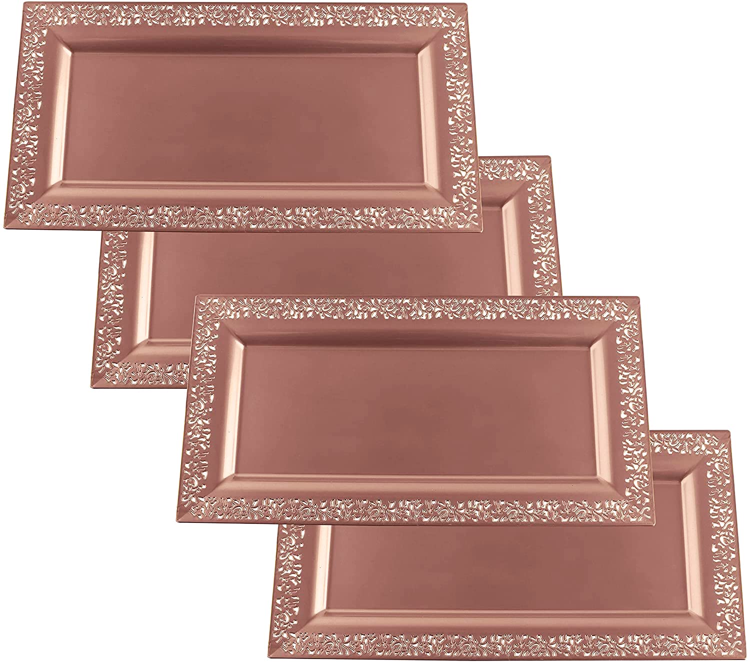 4 (pk) Yumchikel 14" x 7.5" Rose Gold Lace Rim Plastic Serving Trays & Platters | Heavy Duty Disposable Decorative Dessert Tray - Party Platters for Upscale Parties Weddings Brand: Yumchikel