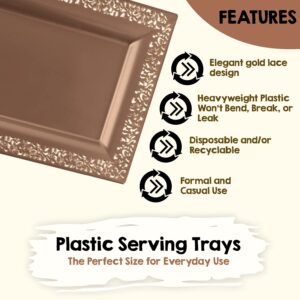 4 (pk) Yumchikel 14" x 7.5" Rose Gold Lace Rim Plastic Serving Trays & Platters | Heavy Duty Disposable Decorative Dessert Tray - Party Platters for Upscale Parties Weddings Brand: Yumchikel