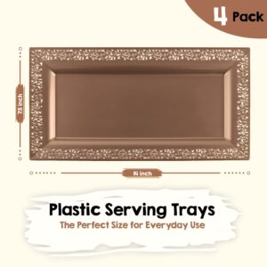 4 (pk) Yumchikel 14" x 7.5" Rose Gold Lace Rim Plastic Serving Trays & Platters | Heavy Duty Disposable Decorative Dessert Tray - Party Platters for Upscale Parties Weddings Brand: Yumchikel