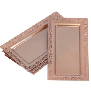 4 (pk) Yumchikel 14" x 7.5" Rose Gold Lace Rim Plastic Serving Trays & Platters | Heavy Duty Disposable Decorative Dessert Tray - Party Platters for Upscale Parties Weddings Brand: Yumchikel