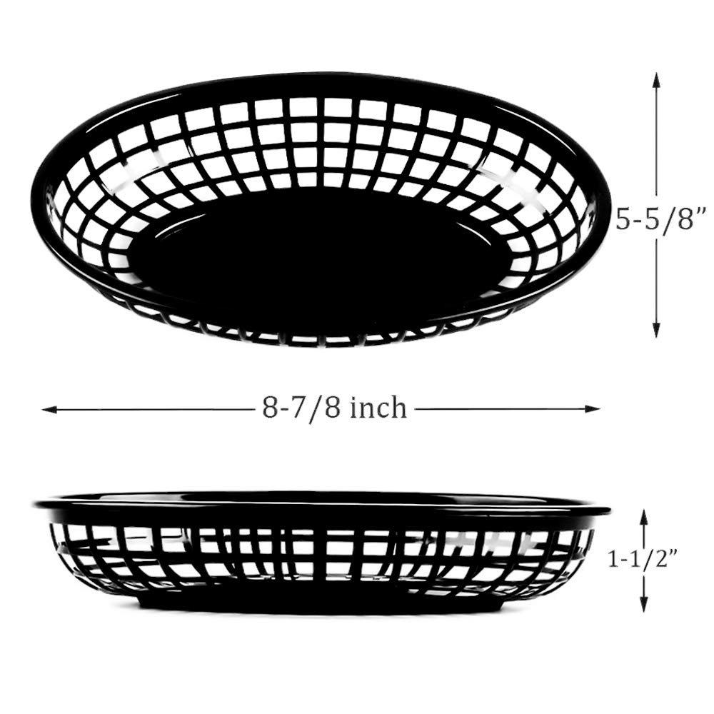 Kingrol 30 Black Oval Fast Food Baskets w/ 250 Checkered Deli Liners, 8.9 x 5.6 x 1.5 Inch Plastic Platter, Storage Basket Bin for Home, Office, School, Picnic