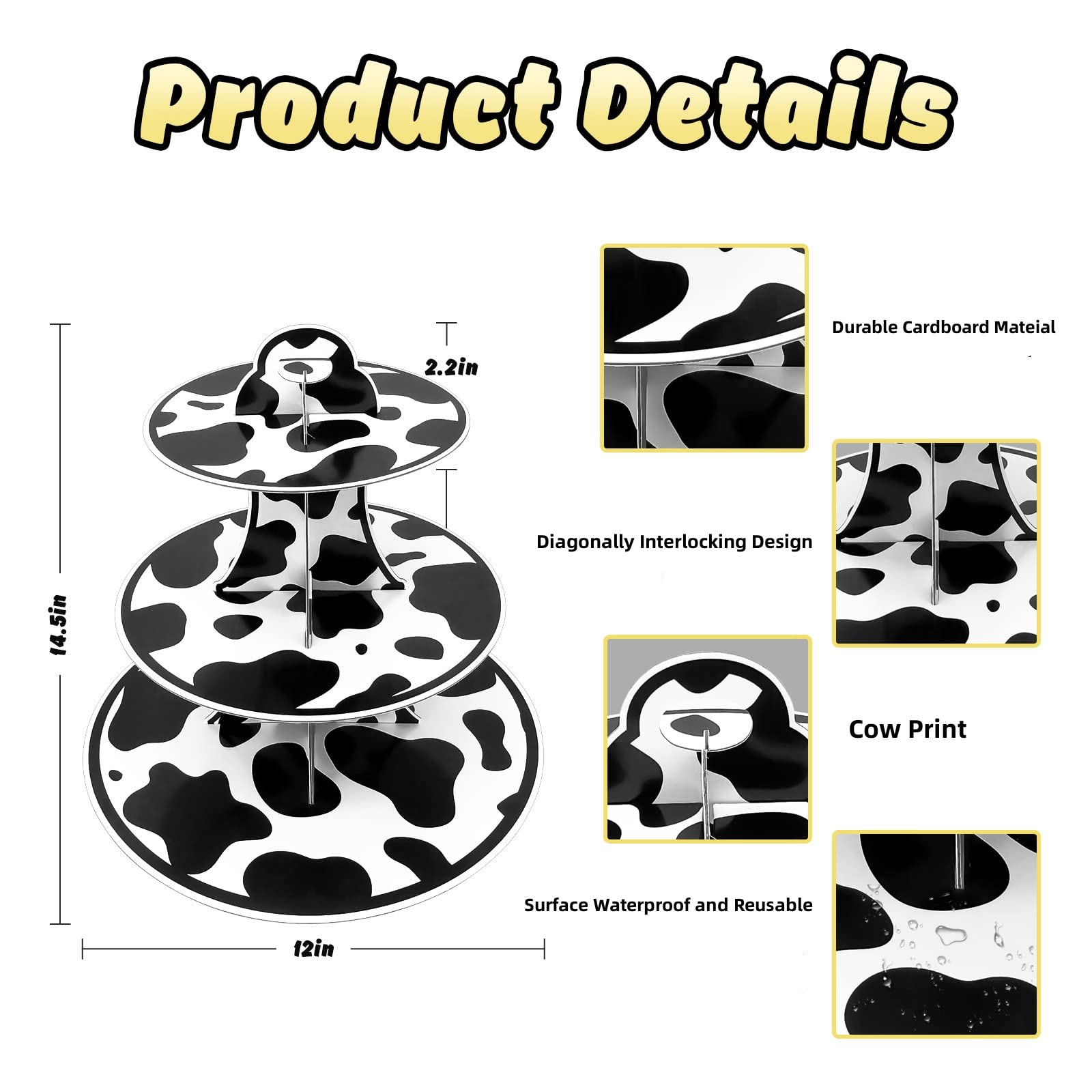 Cow Print Cardboard Cupcake Stand,3 Tier Farm Animal Cow Print Round Cupcake Holder Farm Cow Themed Party Decorations for Birthday Party Decorations Cow Party Supplies