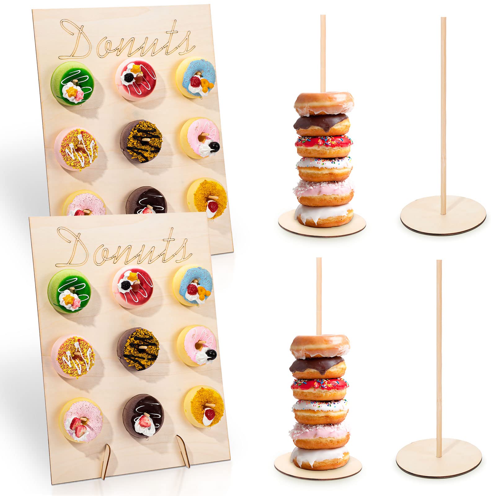 Yulejo 2 Pieces Donuts Wall Display Stands for Party DIY Doughnuts Board Holder and 4 Pieces Wood Donut Stands Candy Dessert Bagels Detachable Donut Party Treat Stand for Wedding Birthday Table Decor