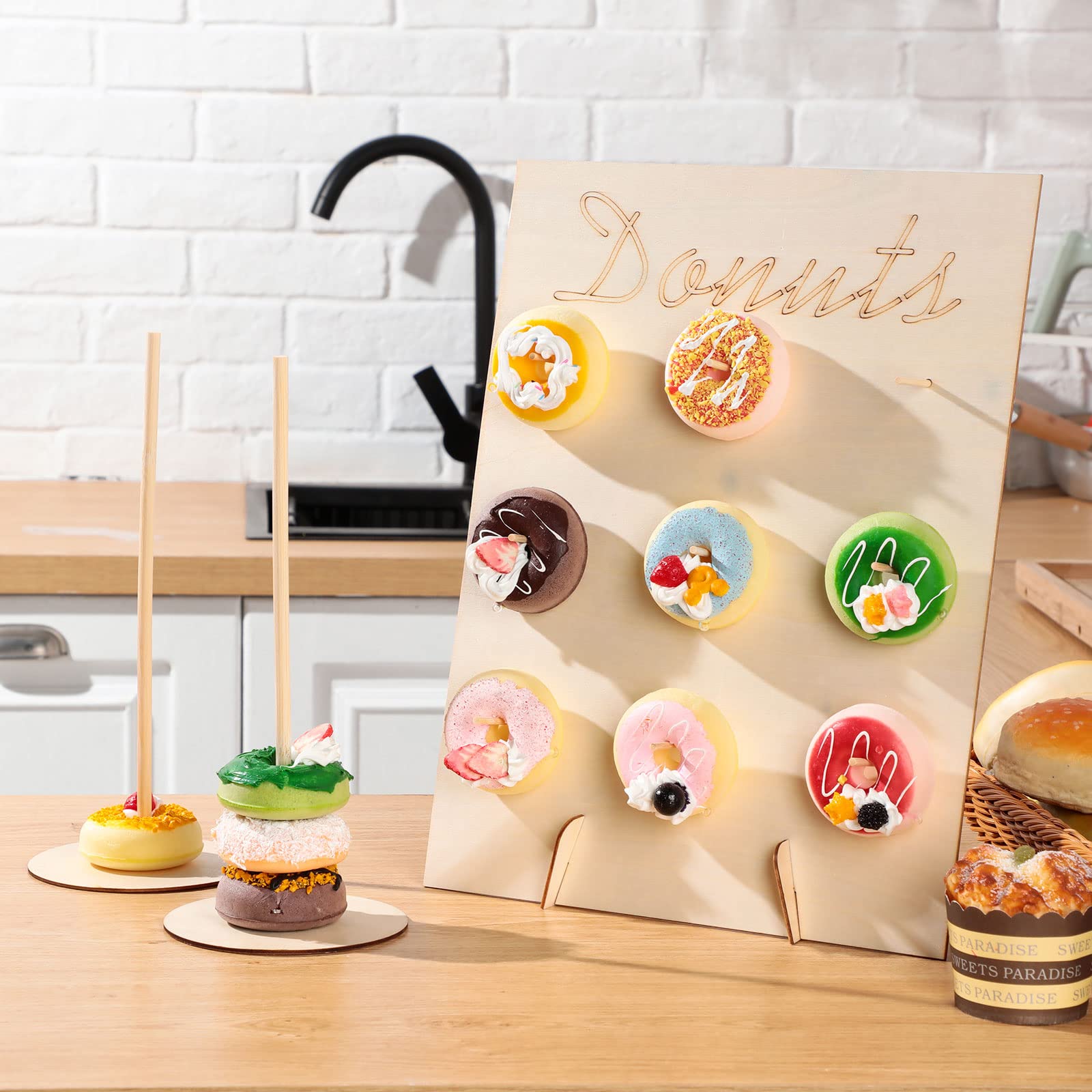 Yulejo 2 Pieces Donuts Wall Display Stands for Party DIY Doughnuts Board Holder and 4 Pieces Wood Donut Stands Candy Dessert Bagels Detachable Donut Party Treat Stand for Wedding Birthday Table Decor