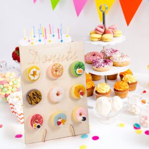 Yulejo 2 Pieces Donuts Wall Display Stands for Party DIY Doughnuts Board Holder and 4 Pieces Wood Donut Stands Candy Dessert Bagels Detachable Donut Party Treat Stand for Wedding Birthday Table Decor