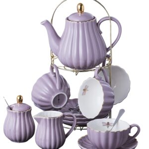 Jusalpha Fine China 8 OZ Purple Coffee Cup/Teacup, Saucer, Spoons, Teapot and Creamer set, 17-Pieces (FD-TW17PC SET, Purple)