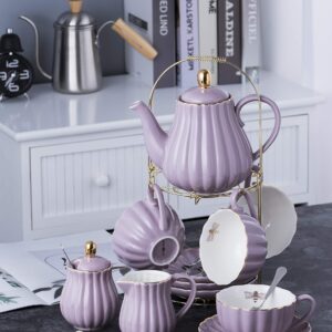 Jusalpha Fine China 8 OZ Purple Coffee Cup/Teacup, Saucer, Spoons, Teapot and Creamer set, 17-Pieces (FD-TW17PC SET, Purple)