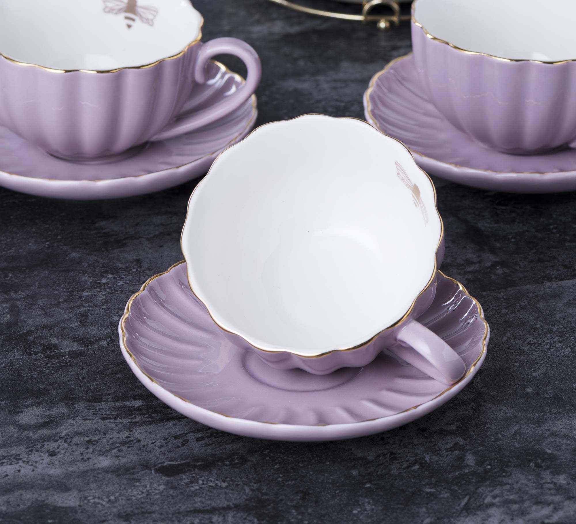 Jusalpha Fine China 8 OZ Purple Coffee Cup/Teacup, Saucer, Spoons, Teapot and Creamer set, 17-Pieces (FD-TW17PC SET, Purple)