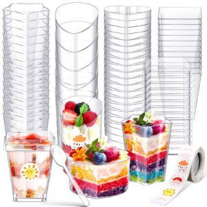 60 pcs clear plastic dessert cups with lids and spoons set party mini square heart parfait cups slanted round fruit pudding pentagram appetizer cups shooter cups dessert containers and stickers