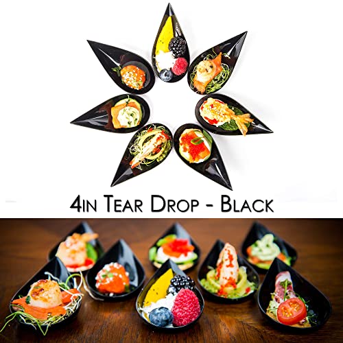 DLux 100 4-in Tear Drop Mini Appetizer Plates, Reusable Black Plastic Spoons - Desserts and Appetizers Dishes Serving Plate - Asian Spoon Set, Small Catering Dessert Tasting Cups - with Recipe Ebook