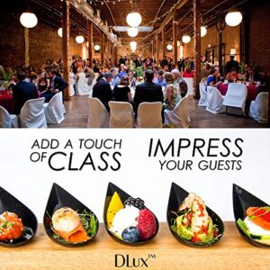 DLux 100 4-in Tear Drop Mini Appetizer Plates, Reusable Black Plastic Spoons - Desserts and Appetizers Dishes Serving Plate - Asian Spoon Set, Small Catering Dessert Tasting Cups - with Recipe Ebook