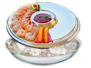 maverick unity shrimp cocktail serving dish and bowl with ice - elegant and large platter for seafood, oysters, crawfish, veggies, fruits, salads.