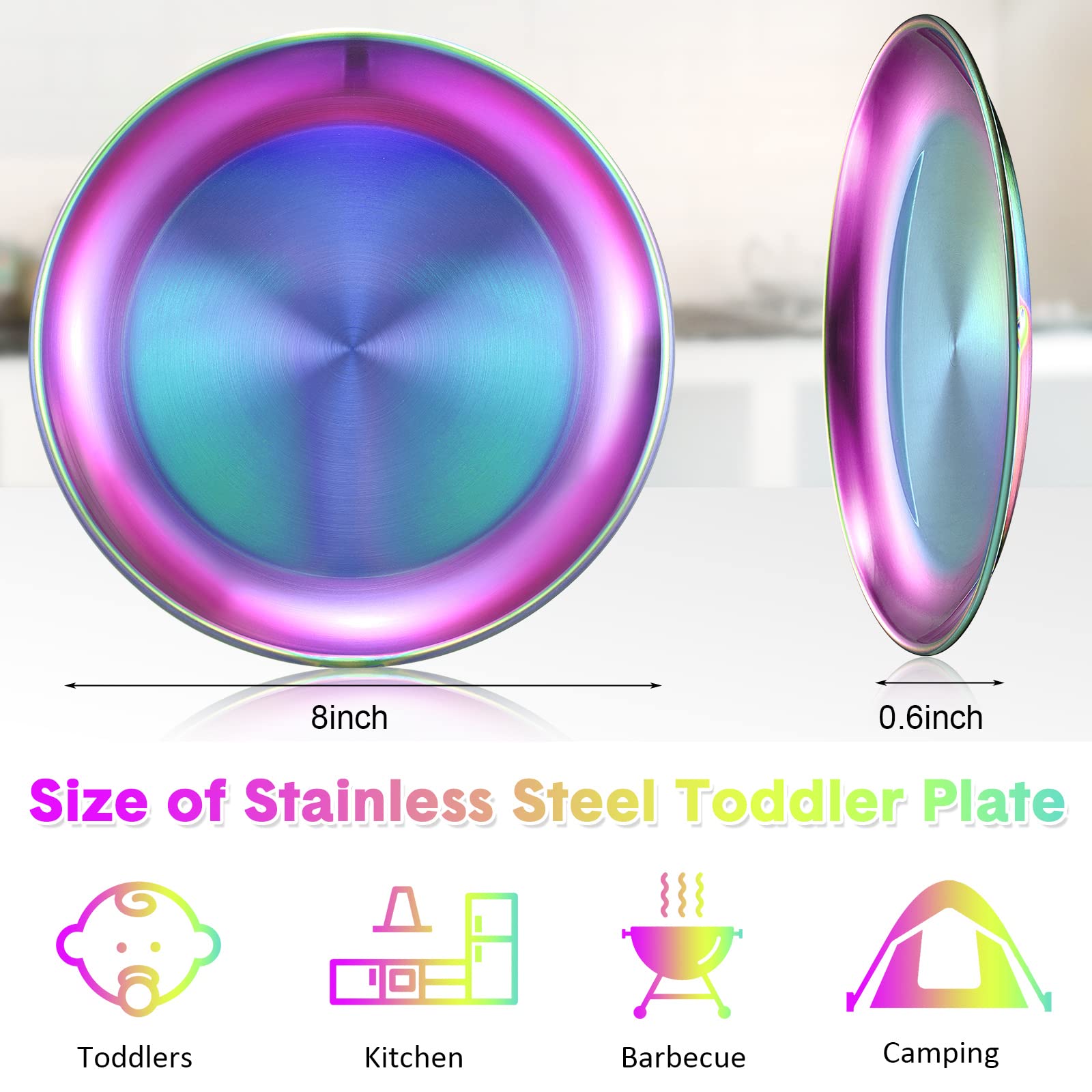 10 Pcs 18/8 Stainless Steel Plate 304 Stainless Steel Dishes 8 Inches Adult Plates Reusable Camping Plates Dishwasher Safe Feeding Serving Flat Plate Double Layers Round Dessert Plate (Multi Color)