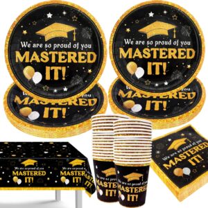 2024 graduation decorations black and gold graduation plates class of 2024 mastered it disposable paper dinnerware set for college high school graduation party serve 30