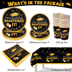2024 Graduation Decorations Black and Gold Graduation Plates Class of 2024 Mastered It Disposable Paper Dinnerware Set for College High School Graduation Party Serve 30