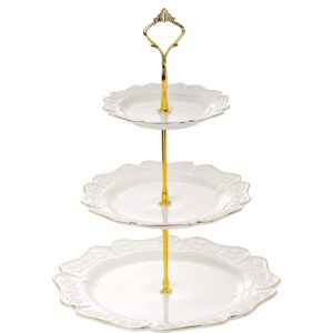 lyellfe 3 tier ceramic cupcake stand, white embossed dessert cake stand with gold rim, decorative tea party serving platter, tea sandwich tray for party, wedding, candle light dinner