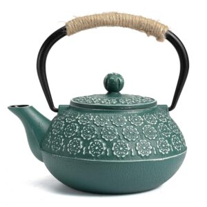 sotya cast iron teapot, 30oz/900ml japanese tetsubin tea pot with infuser for loose leaf and tea bags, tea kettle coated with enameled interior for stove top, dark green