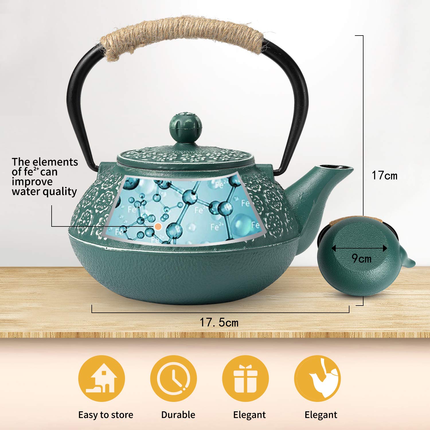 Sotya Cast Iron Teapot, 30oz/900ml Japanese Tetsubin Tea Pot with Infuser for Loose Leaf and Tea Bags, Tea Kettle Coated with Enameled Interior for Stove Top, Dark Green