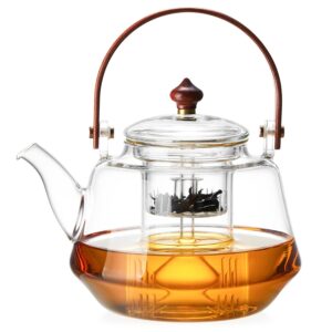 dopudo 1250ml/ 42oz glass teapot for loose tea leaves, glass tea kettle with removable infuser, heat resistant wood handle for blooming flower tea pot