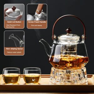 DOPUDO 1250ml/ 42oz Glass Teapot for Loose Tea Leaves, Glass Tea Kettle with Removable Infuser, Heat Resistant Wood Handle for Blooming Flower Tea Pot