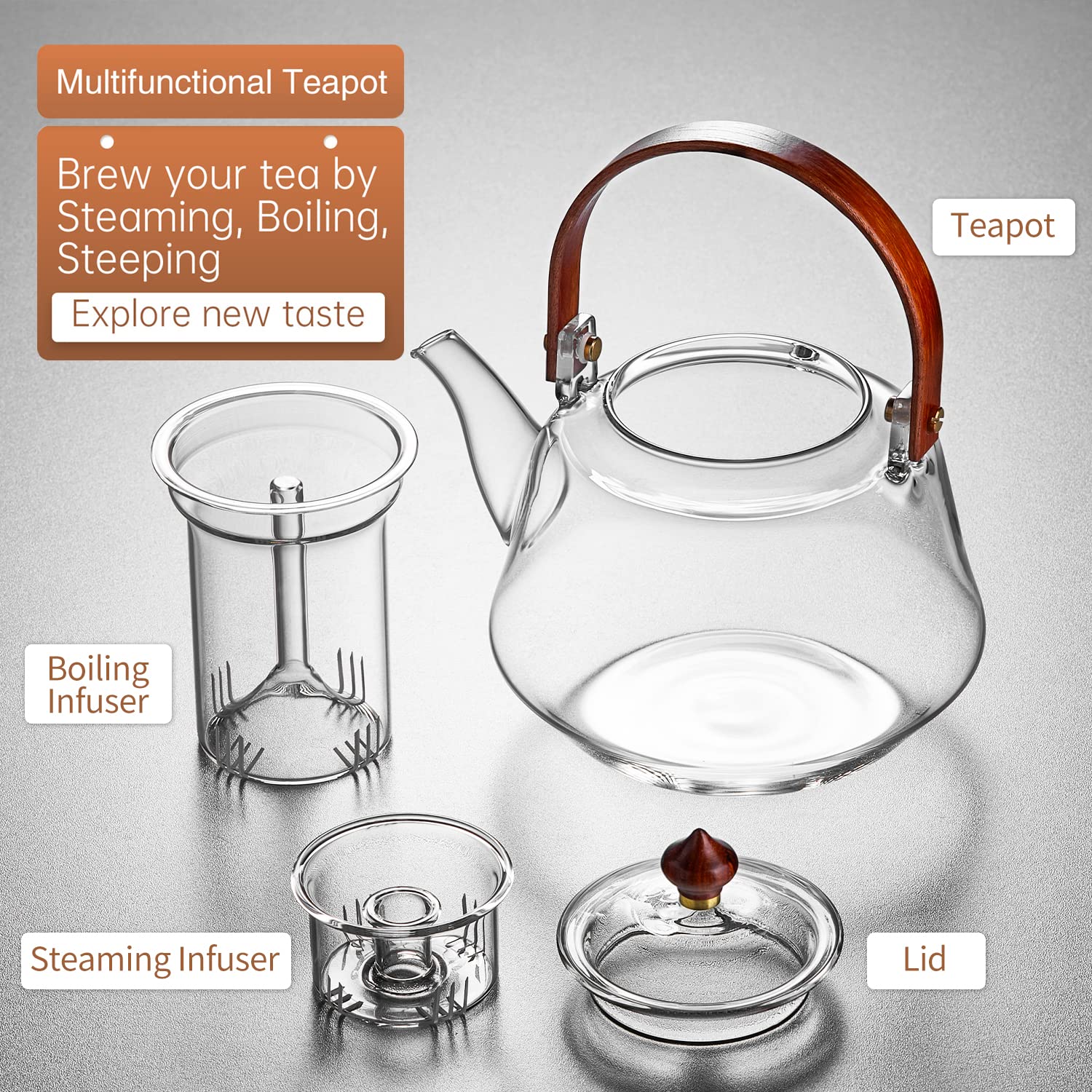 DOPUDO 1250ml/ 42oz Glass Teapot for Loose Tea Leaves, Glass Tea Kettle with Removable Infuser, Heat Resistant Wood Handle for Blooming Flower Tea Pot