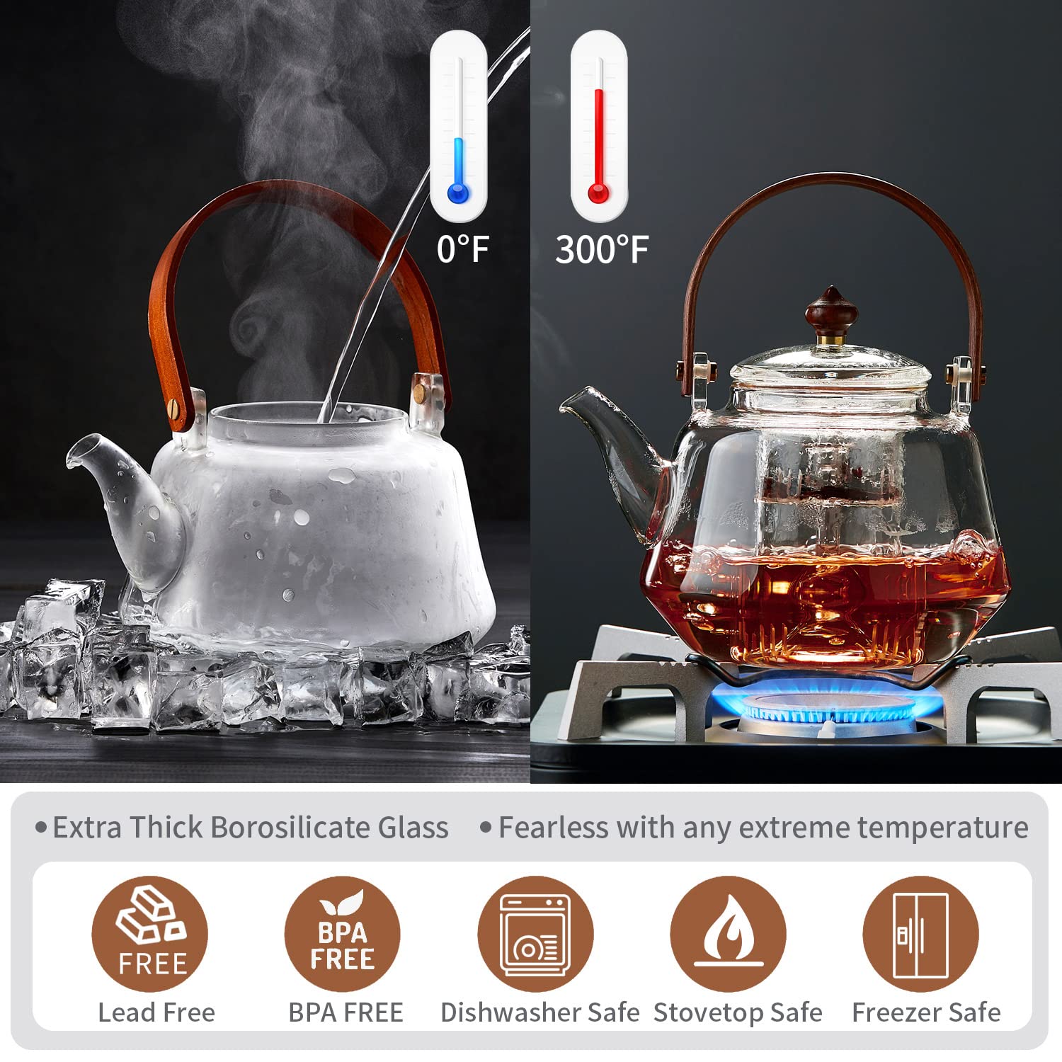 DOPUDO 1250ml/ 42oz Glass Teapot for Loose Tea Leaves, Glass Tea Kettle with Removable Infuser, Heat Resistant Wood Handle for Blooming Flower Tea Pot