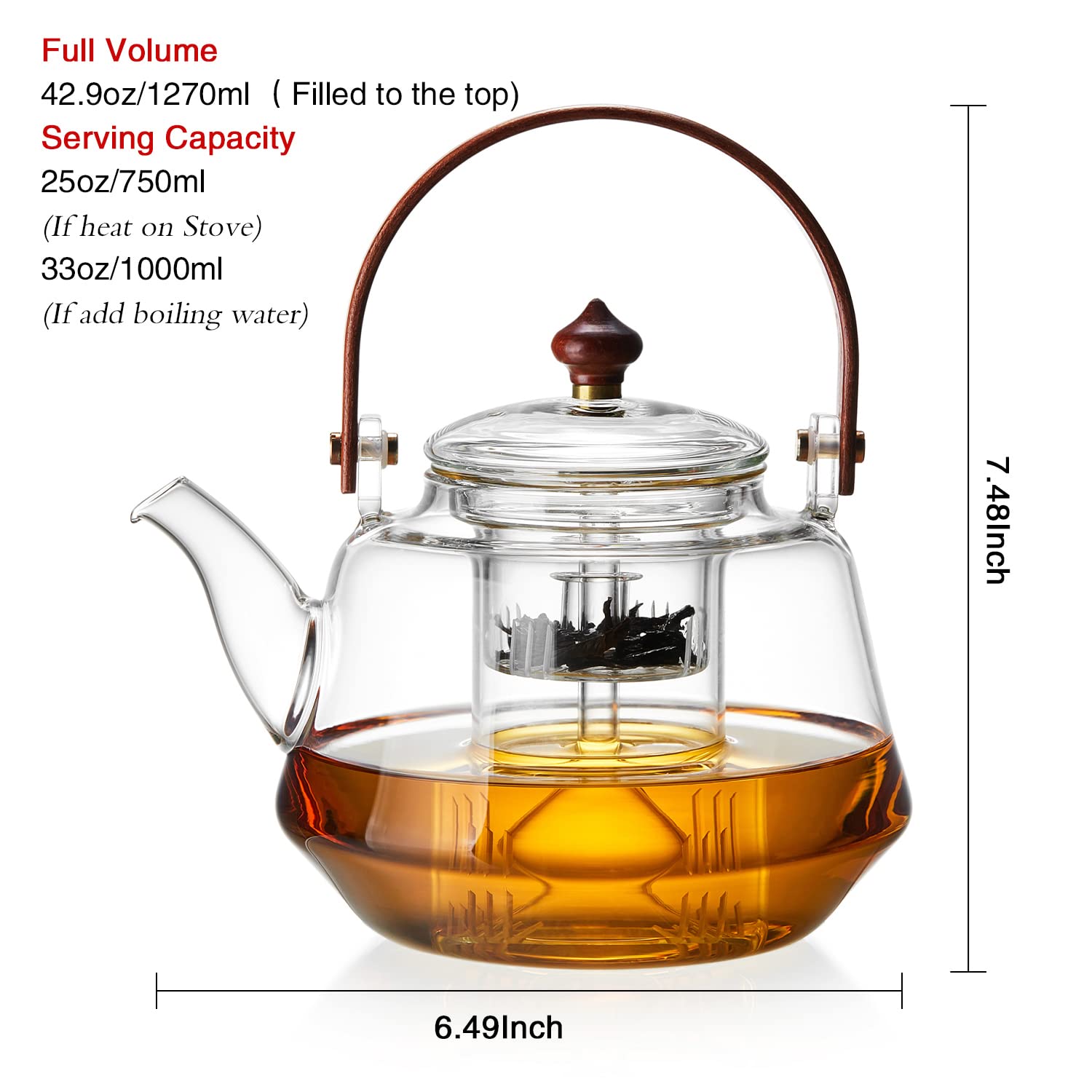 DOPUDO 1250ml/ 42oz Glass Teapot for Loose Tea Leaves, Glass Tea Kettle with Removable Infuser, Heat Resistant Wood Handle for Blooming Flower Tea Pot