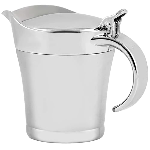 OVENTE Stainless Steel Gravy Boat, Double Insulated Sauce Jug with Hinged Lid, 14oz Ideal for Serving Cream or Salad Dressing at Family Dinner, Thanksgiving, Halloween and Christmas, Silver GB4541S