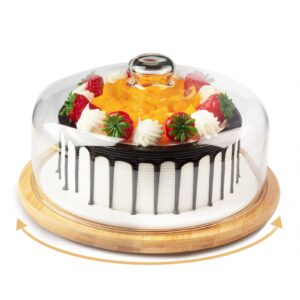 11 inch bamboo cake stand with 10 inch glass dome cover, anmeish rotating cupcake display plate with lid, cake holder with turntable base