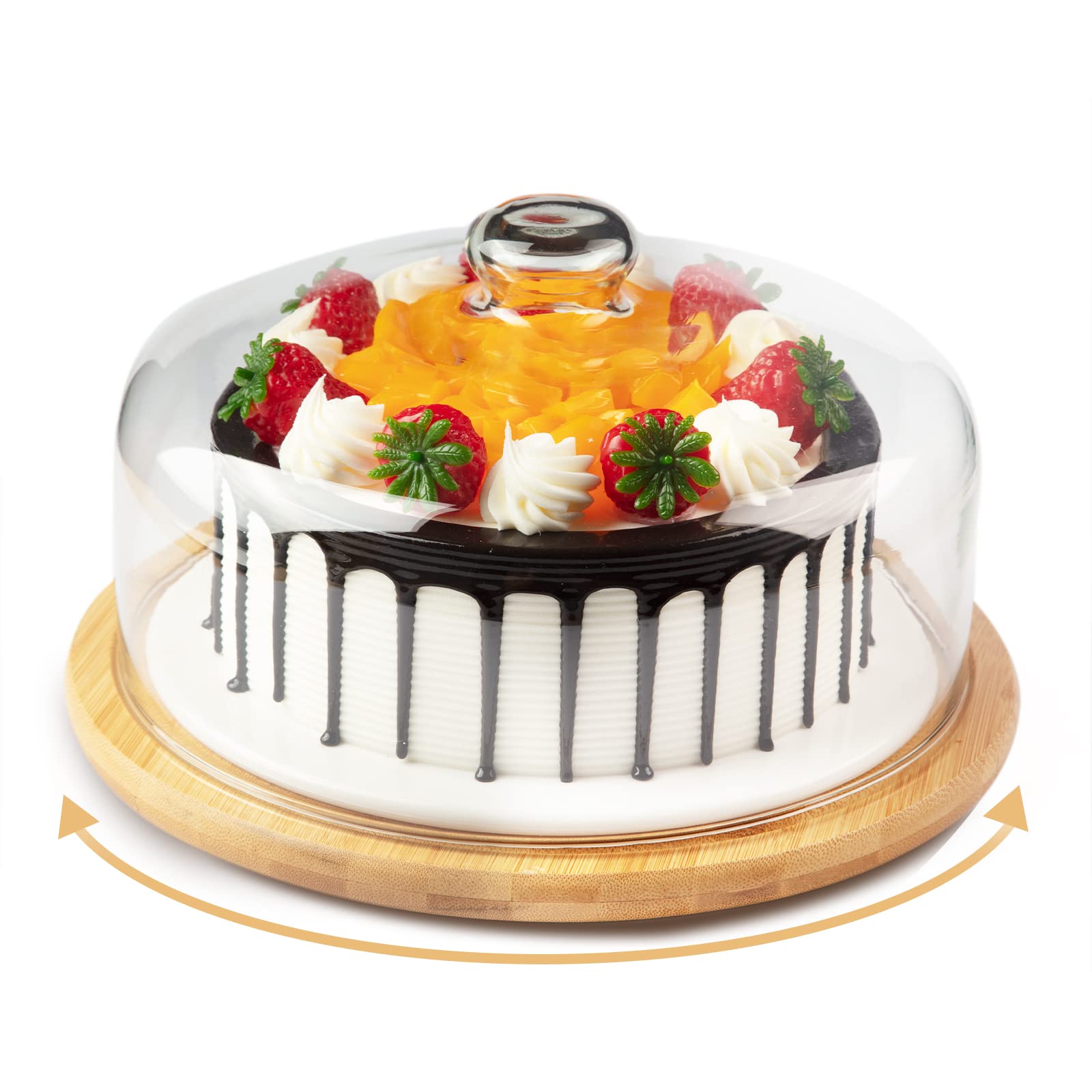 11 Inch Bamboo Cake Stand with 10 Inch Glass Dome Cover, ANMEISH Rotating Cupcake Display Plate with Lid, Cake Holder with Turntable Base