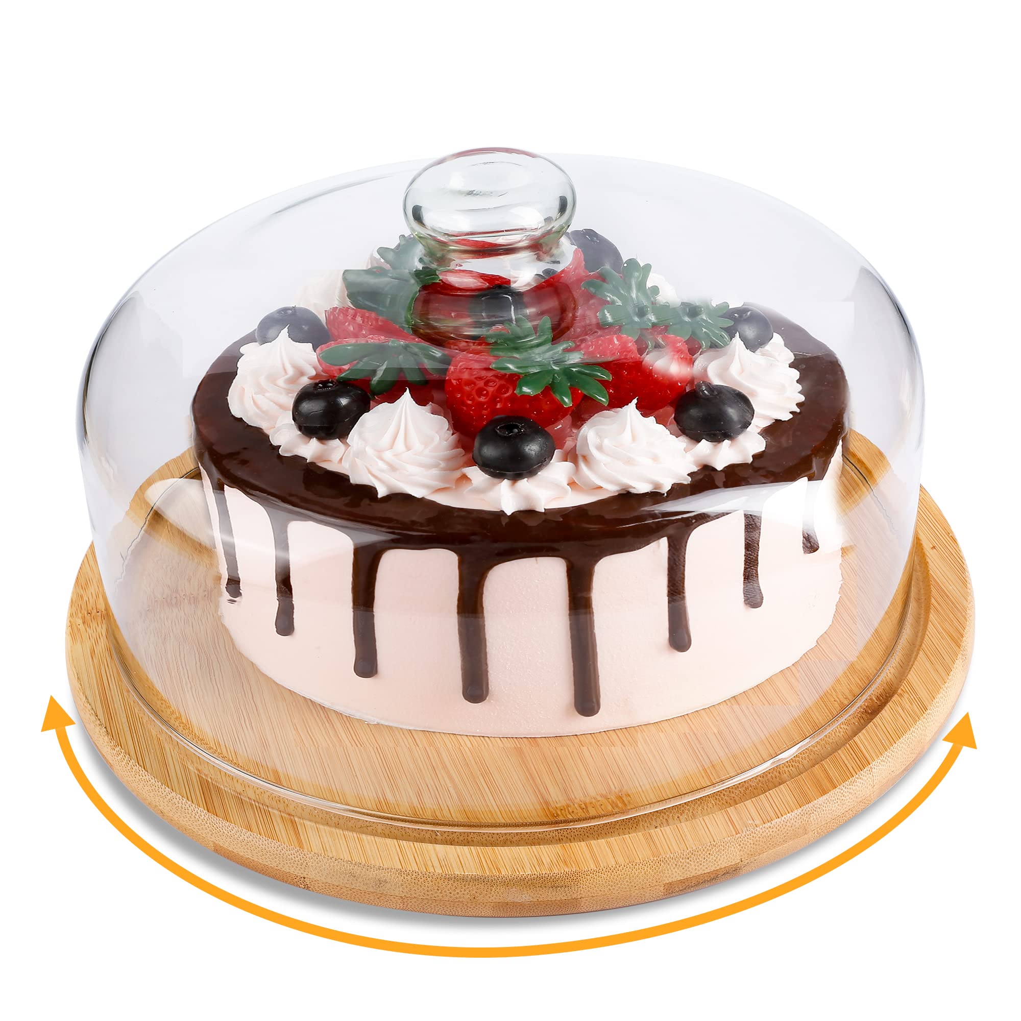 11 Inch Bamboo Cake Stand with 10 Inch Glass Dome Cover, ANMEISH Rotating Cupcake Display Plate with Lid, Cake Holder with Turntable Base