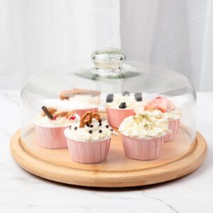 11 Inch Bamboo Cake Stand with 10 Inch Glass Dome Cover, ANMEISH Rotating Cupcake Display Plate with Lid, Cake Holder with Turntable Base