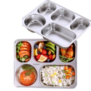 aiyoo set of 2 stainless steel rectangular divided plates tray 5 sections dinner plates for adults - unbreakable metal plate for campers, and portion control reusable plate