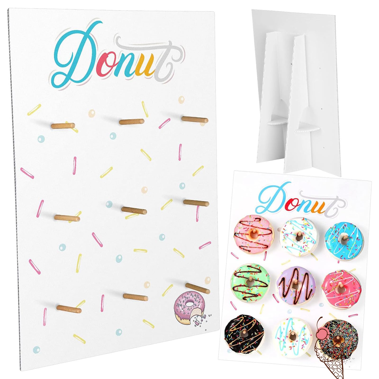 Wall Display Stand Reusable Donut Holder Board with Rustic Wood for Party Decorations Supplies Dessert Table at Wedding Birthday Baby Shower Treat (White)