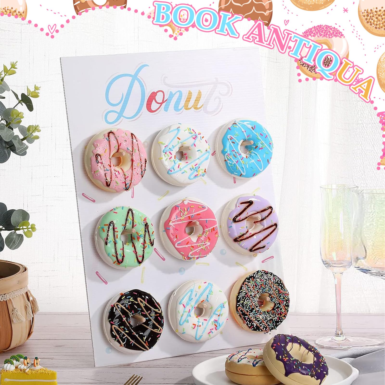 Wall Display Stand Reusable Donut Holder Board with Rustic Wood for Party Decorations Supplies Dessert Table at Wedding Birthday Baby Shower Treat (White)