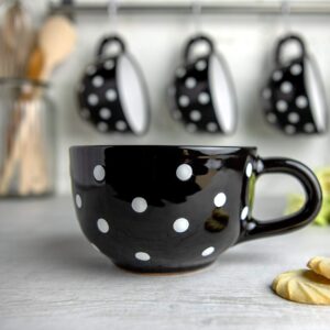 City to Cottage Handmade Ceramic Designer Black and White Polka Dot Cup, Unique Extra Large 17.5oz/500ml Pottery Cappuccino, Coffee, Tea, Soup Mug | Housewarming Gift for Tea Lovers